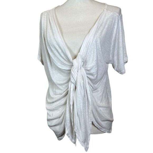 LNA Linen Blend White Slub Tee Gathered Center with Drape Tie Off Center Small - Picture 2 of 10